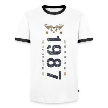 Limited Edition 1987 Birthday Strength and Honor - Men's Ringer Shirt - white/black - Front - AI Model Female 172 light (172cm) & AI Model Male 178 dark (178cm)