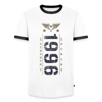 Limited Edition 1996 Birthday Strength and Honor - Men's Ringer Shirt - white/black - Front - AI Model Female 172 light (172cm) & AI Model Male 178 dark (178cm)