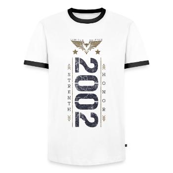 Limited Edition 2002 Birthday Strength and Honor - Men's Ringer Shirt - white/black - Front - AI Model Female 172 light (172cm) & AI Model Male 178 dark (178cm)