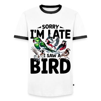 Désolé, je suis en retard, j’ai vu un oiseau Birdbirder Birdwatcher - T-shirt contrasté Homme - blanc/noir - Devant - AI Model Female 172 light (172cm) & AI Model Male 178 dark (178cm)