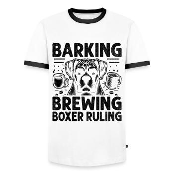 Barking Brewing Boxer Ruling Coffee Lover Dog - Men's Ringer Shirt - white/black - Front - AI Model Female 172 light (172cm) & AI Model Male 178 dark (178cm)