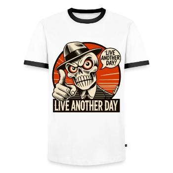Live another day, saying by Mr. Skull - Men's Ringer Shirt - white/black - Front - AI Model Female 172 light (172cm) & AI Model Male 178 dark (178cm)