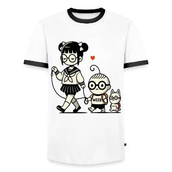 japanisches Schulmädchen, kleiner Brudermit Hund - Männer Kontrast-T-Shirt - Weiß/Schwarz - Vorne - AI Model Female 172 light (172cm) & AI Model Male 178 dark (178cm)