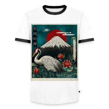 Grue couronnée rouge et mont Fuji - T-shirt contrasté Homme - blanc/noir - Devant - AI Model Female 172 light (172cm) & AI Model Male 178 dark (178cm)
