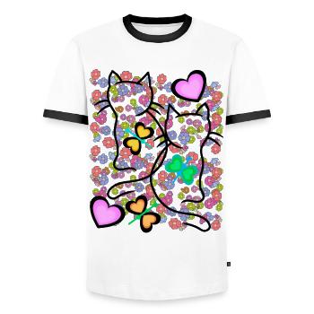 Spring Summer Retro Cats Flowers 80s 90s - Men's Ringer Shirt - white/black - Front - AI Model Female 172 light (172cm) & AI Model Male 178 dark (178cm)