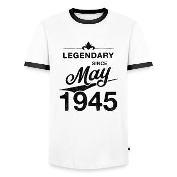 80th Birthday Legendary since May 1945 Volume 45 - Men's Ringer Shirt - white/black - Front - AI Model Female 172 light (172cm) & AI Model Male 178 dark (178cm)