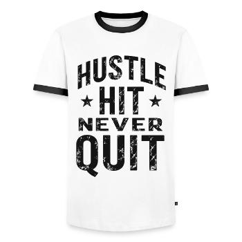Hustle Hit Never Quit Athlete Fitness - Men's Ringer Shirt - white/black - Front - AI Model Female 172 light (172cm) & AI Model Male 178 dark (178cm)