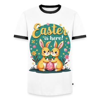 Pâques est là – Doux lapins de Pâques avec œuf de Pâques - T-shirt contrasté Homme - blanc/noir - Devant - AI Model Female 172 light (172cm) & AI Model Male 178 dark (178cm)