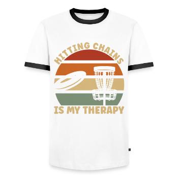Disc Golf Chains - Men's Ringer Shirt - white/black - Front - AI Model Female 172 light (172cm) & AI Model Male 178 dark (178cm)