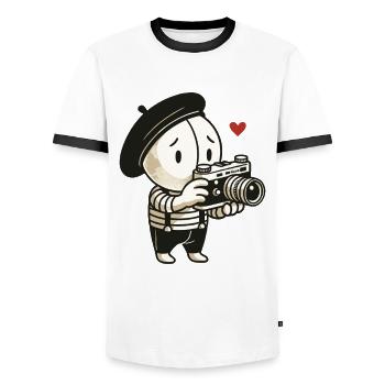Der schüchterne Pantomime Fotograf - Männer Kontrast-T-Shirt - Weiß/Schwarz - Vorne - AI Model Female 172 light (172cm) & AI Model Male 178 dark (178cm)