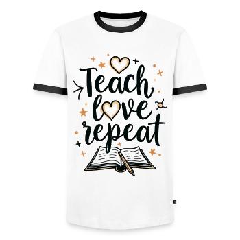 Teach Love Repeat – Teacher Educator Education School - Men's Ringer Shirt - white/black - Front - AI Model Female 172 light (172cm) & AI Model Male 178 dark (178cm)
