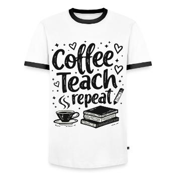 CoffeeTeach Repeat – Teacher Educator Education - Men's Ringer Shirt - white/black - Front - AI Model Female 172 light (172cm) & AI Model Male 178 dark (178cm)