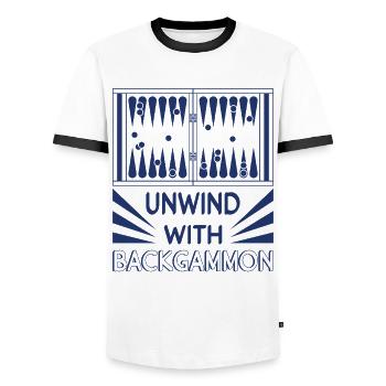 Backgammon Spiel - Männer Kontrast-T-Shirt - Weiß/Schwarz - Vorne - AI Model Female 172 light (172cm) & AI Model Male 178 dark (178cm)