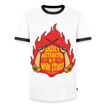 Batteur cardio facilement distrait par les baguettes de batterie - T-shirt contrasté Homme - blanc/noir - Devant - AI Model Female 172 light (172cm) & AI Model Male 178 dark (178cm)