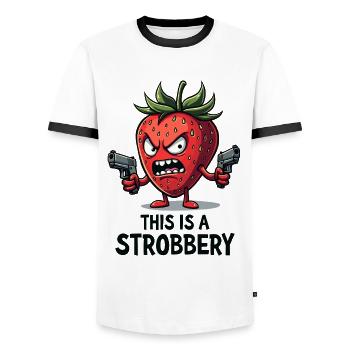 This Is A Strobbery – Lustige Erdbeer Gangster - Männer Kontrast-T-Shirt - Weiß/Schwarz - Vorne - AI Model Female 172 light (172cm) & AI Model Male 178 dark (178cm)
