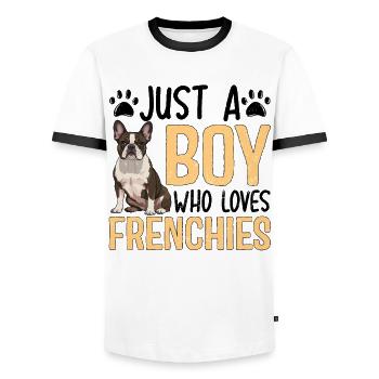 Juste un garçon qui aime les Frenchies - T-shirt contrasté Homme - blanc/noir - Devant - AI Model Female 172 light (172cm) & AI Model Male 178 dark (178cm)