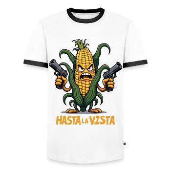 Gangster Corn Hasta La Vista – Corn on the Cob Gangster - Men's Ringer Shirt - white/black - Front - AI Model Female 172 light (172cm) & AI Model Male 178 dark (178cm)