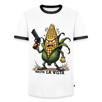 Gangster Corn Hasta La Vista – Corn on the Cob Gangster - Men's Ringer Shirt - white/black - Front - AI Model Female 172 light (172cm) & AI Model Male 178 dark (178cm)