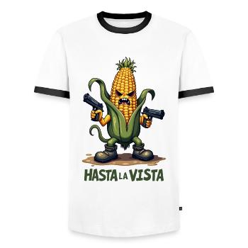 Gangster Corn Hasta La Vista – Corn on the Cob Gangster - Men's Ringer Shirt - white/black - Front - AI Model Female 172 light (172cm) & AI Model Male 178 dark (178cm)