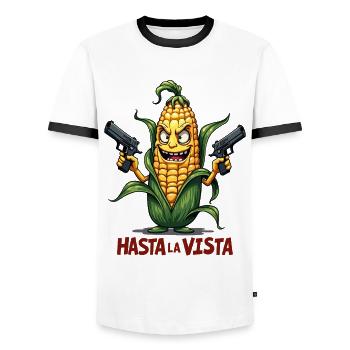 Gangster Corn Hasta La Vista – Corn on the Cob Gangster - Men's Ringer Shirt - white/black - Front - AI Model Female 172 light (172cm) & AI Model Male 178 dark (178cm)