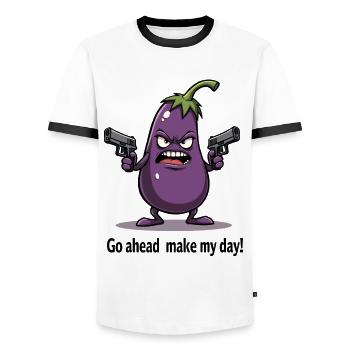 Badass Aubergine – Go Ahead, Make My Day - Men's Ringer Shirt - white/black - Front - AI Model Female 172 light (172cm) & AI Model Male 178 dark (178cm)