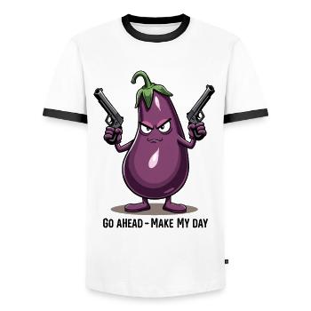 Badass Aubergine – Go Ahead, Make My Day - Men's Ringer Shirt - white/black - Front - AI Model Female 172 light (172cm) & AI Model Male 178 dark (178cm)
