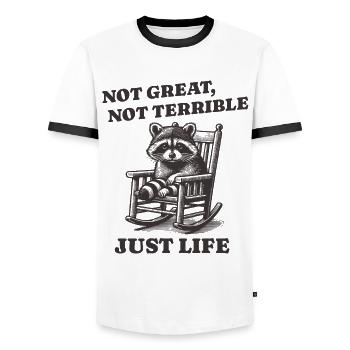 Lustiger Waschbär Spruch – Just Life - Männer Kontrast-T-Shirt - Weiß/Schwarz - Vorne - AI Model Female 172 light (172cm) & AI Model Male 178 dark (178cm)