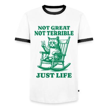 Lustiger Waschbär Spruch – Just Life - Männer Kontrast-T-Shirt - Weiß/Schwarz - Vorne - AI Model Female 172 light (172cm) & AI Model Male 178 dark (178cm)