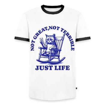 Lustiger Waschbär Spruch – Just Life - Männer Kontrast-T-Shirt - Weiß/Schwarz - Vorne - AI Model Female 172 light (172cm) & AI Model Male 178 dark (178cm)