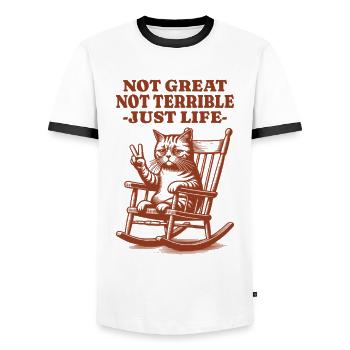 Lustiger Waschbär Spruch – Just Life - Männer Kontrast-T-Shirt - Weiß/Schwarz - Vorne - AI Model Female 172 light (172cm) & AI Model Male 178 dark (178cm)