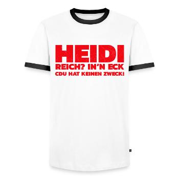 Reich? In‘n Eck, CDU hat keinen Zweck! - Männer Kontrast-T-Shirt - Weiß/Schwarz - Vorne - AI Model Female 172 light (172cm) & AI Model Male 178 dark (178cm)