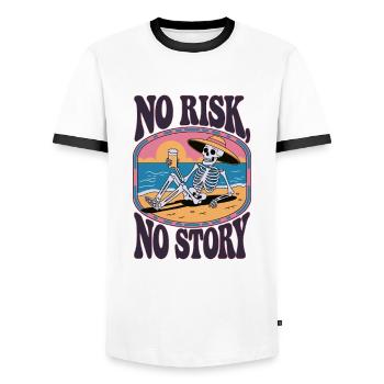No Risk, No Story – Skeleton on the Beach - Men's Ringer Shirt - white/black - Front - AI Model Female 172 light (172cm) & AI Model Male 178 dark (178cm)