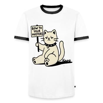Sarcastic Protest Cat – Bow! - Men's Ringer Shirt - white/black - Front - AI Model Female 172 light (172cm) & AI Model Male 178 dark (178cm)