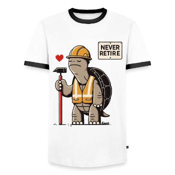 Never Retire – Construction Worker Turtle - Men's Ringer Shirt - white/black - Front - AI Model Female 172 light (172cm) & AI Model Male 178 dark (178cm)