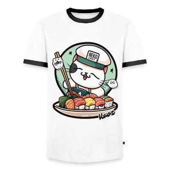 Neko Sushi Chef – Funny Cat Kitchen - Men's Ringer Shirt - white/black - Front - AI Model Female 172 light (172cm) & AI Model Male 178 dark (178cm)