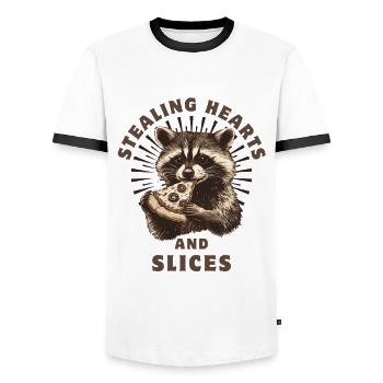 Waschbär isst Pizza - Männer Kontrast-T-Shirt - Weiß/Schwarz - Vorne - AI Model Female 172 light (172cm) & AI Model Male 178 dark (178cm)