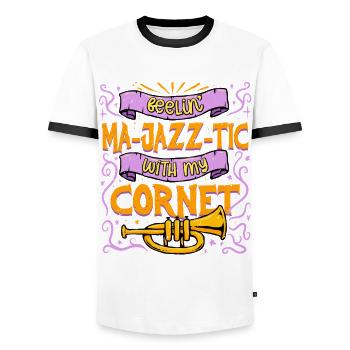 Kornett Feeling Ma-jazz-tic With my Cornet - Men's Ringer Shirt - white/black - Front - AI Model Female 172 light (172cm) & AI Model Male 178 dark (178cm)