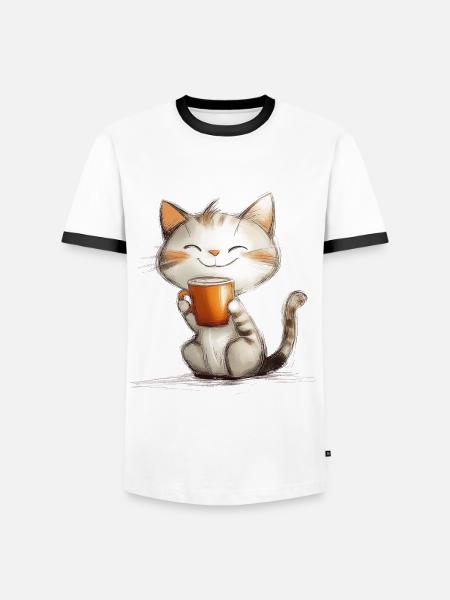 Happy cat with coffee - Men's Ringer Shirt - white/black