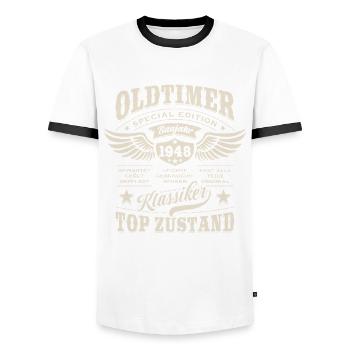 Oldtimer Baujahr 1948 - Geburtstag - Geschenk - Männer Kontrast-T-Shirt - Weiß/Schwarz - Vorne - AI Model Female 172 light (172cm) & AI Model Male 178 dark (178cm)