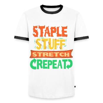 Upholsterer Upholstery Staple Stuff Strech Repeat - Men's Ringer Shirt - white/black - Front - AI Model Female 172 light (172cm) & AI Model Male 178 dark (178cm)
