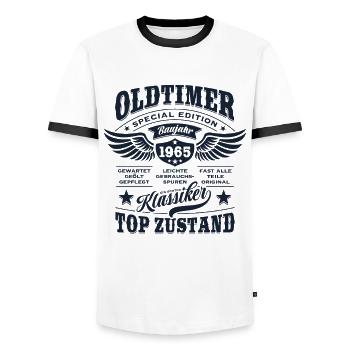Oldtimer Baujahr 1965 - Geburtstag - Geschenk - Männer Kontrast-T-Shirt - Weiß/Schwarz - Vorne - AI Model Female 172 light (172cm) & AI Model Male 178 dark (178cm)