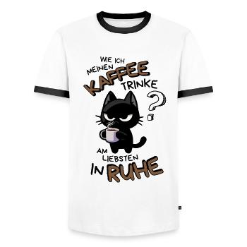 Kaffee und Ruhe – schwarze Katze am Limit - Männer Kontrast-T-Shirt - Weiß/Schwarz - Vorne - AI Model Female 172 light (172cm) & AI Model Male 178 dark (178cm)