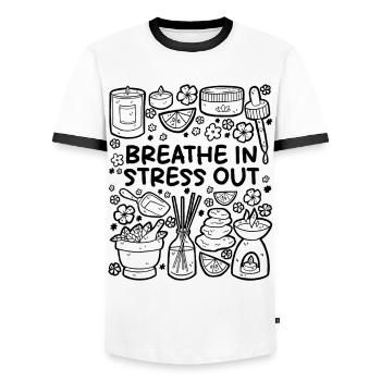 Breath In, Stress Out – Entspannung pur - Männer Kontrast-T-Shirt - Weiß/Schwarz - Vorne - AI Model Female 172 light (172cm) & AI Model Male 178 dark (178cm)