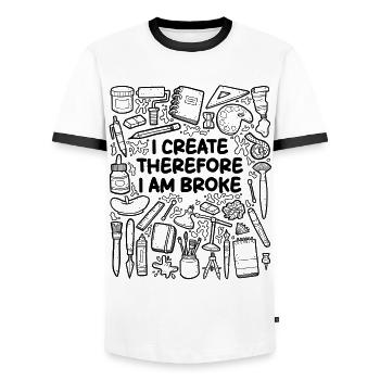 Je crée, donc je suis fauché – humour d’artiste - T-shirt contrasté Homme - blanc/noir - Devant - AI Model Female 172 light (172cm) & AI Model Male 178 dark (178cm)