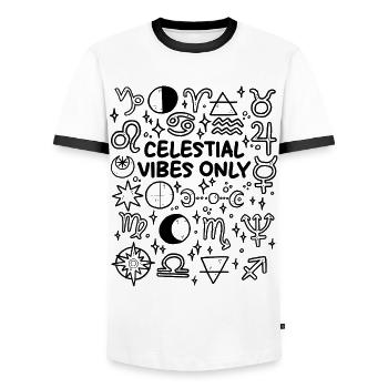 Uniquement des vibrations célestes – Astrologie et spiritualité - T-shirt contrasté Homme - blanc/noir - Devant - AI Model Female 172 light (172cm) & AI Model Male 178 dark (178cm)