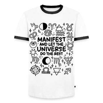 Manifestiere – Das Universum regelt den Rest - Männer Kontrast-T-Shirt - Weiß/Schwarz - Vorne - AI Model Female 172 light (172cm) & AI Model Male 178 dark (178cm)