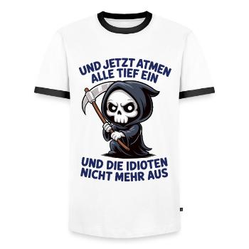 Jetzt atmen alle ein, und Idioten nicht mehr aus - Männer Kontrast-T-Shirt - Weiß/Schwarz - Vorne - AI Model Female 172 light (172cm) & AI Model Male 178 dark (178cm)