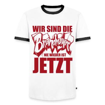 Wir sind die Brandmauer. Nie wieder ist jetzt - Männer Kontrast-T-Shirt - Weiß/Schwarz - Vorne - AI Model Female 172 light (172cm) & AI Model Male 178 dark (178cm)