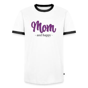 Mom and happy - Embroidery effect - Men's Ringer Shirt - white/black - Front - AI Model Female 172 light (172cm) & AI Model Male 178 dark (178cm)