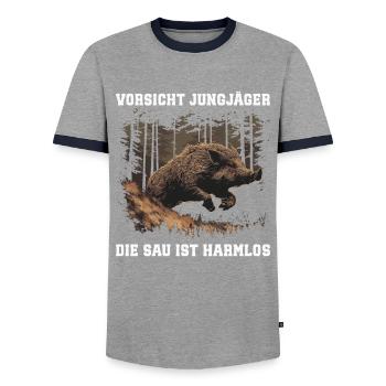 Méfiez-vous des jeunes chasseurs - T-shirt contrasté Homme - gris/marine  - Devant - AI Model Female 172 light (172cm) & AI Model Male 178 light (178cm)